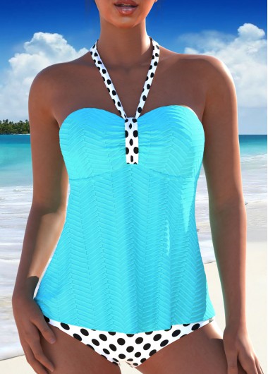 Modlily Ruched Polka Dot Light Blue Tankini Set - XL
