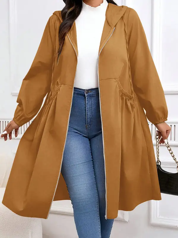 Plus Size Solid Drawstring Zip Up Hooded Coat, Casual Long Sleeve Pocket Outerwear for Fall & Winter, Women's Clothes for Dai...