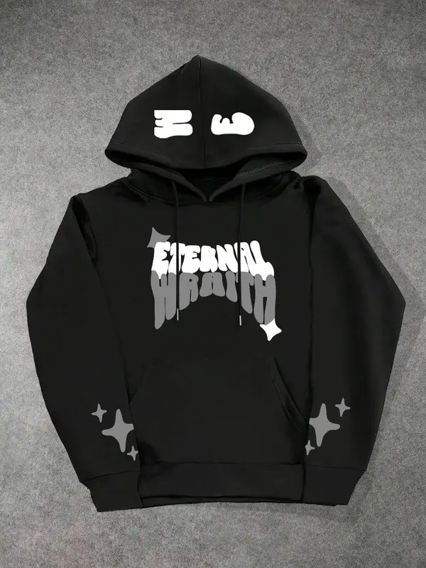 Unisex Letter & Star Print Drop Shoulder Hoodie, Fashion Casual Regular Fit Drawstring Pocket Hooded Sweatshirt for Daily Ho...