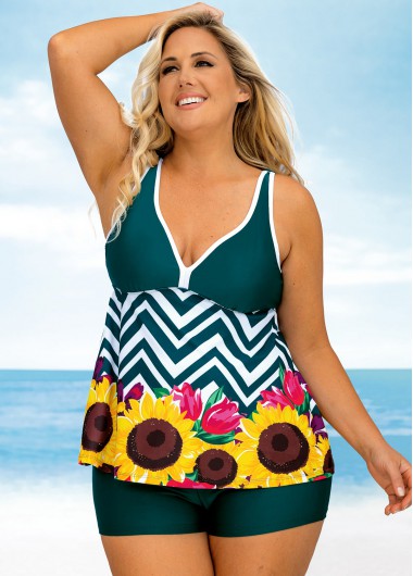 Modlily Plus Size Floral and Chevron Print Wide Strap Tankini Set - 1X