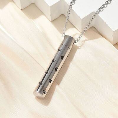 304 Stainless Steel Black Paw Print Column Keepsake Ashes Memorial Pendant Necklaces