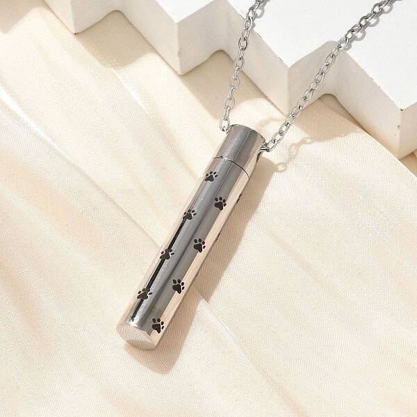 304 Stainless Steel Black Paw Print Column Keepsake Ashes Memorial Pendant Necklaces