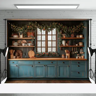 Retro Blue Kitchen Pine Leaves Christmas Backdrop - Aperturee