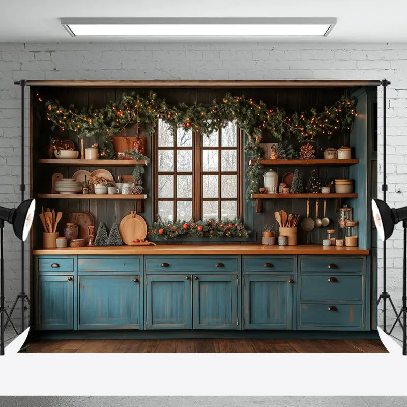 Retro Blue Kitchen Pine Leaves Christmas Backdrop - Aperturee