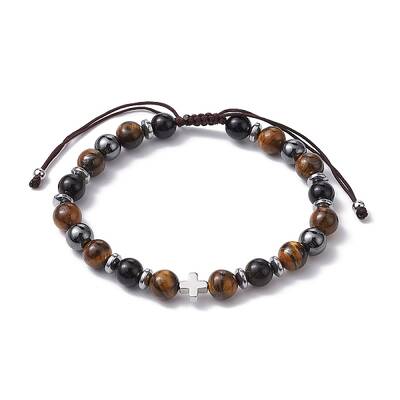 Natural Tiger Eye & Obsidian Round & Brass Cross Braided Bead Bracelets
