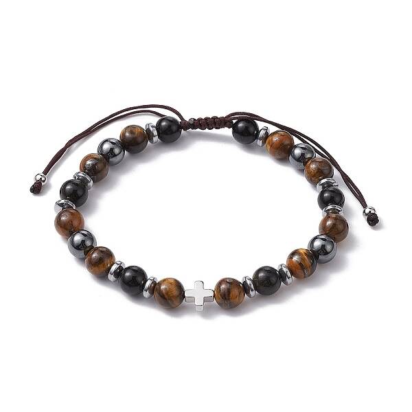 Natural Tiger Eye & Obsidian Round & Brass Cross Braided Bead Bracelets
