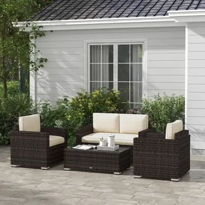 Outsunny 4-Piece Rattan Wicker Furniture Set, Outdoor Cushioned Conversation Furniture with 2 Chairs, Loveseat, and Glass Cof...