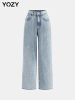 YOZY Women's Faux Pearl Decor Button Fly Wide Leg Jeans, Casual Comfy Pocket Design Denim Pants for Daily Wear, Ladies Bottom...