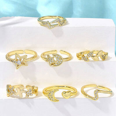 7Pcs 7 Styles Spring Day Theme Brass Micro Pave Clear Cubic Zirconia Cuff Rings for Women