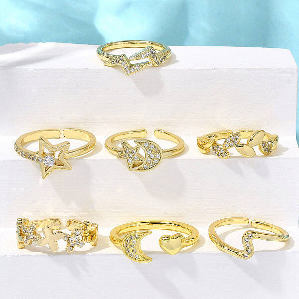 7Pcs 7 Styles Spring Day Theme Brass Micro Pave Clear Cubic Zirconia Cuff Rings for Women
