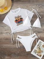 Women's Letter Print Drawstring Bikini Set, Casual Round Neck Cover Up Tee & Triangle Swim Bra & Tie Side Swim Panty, Swimsui...