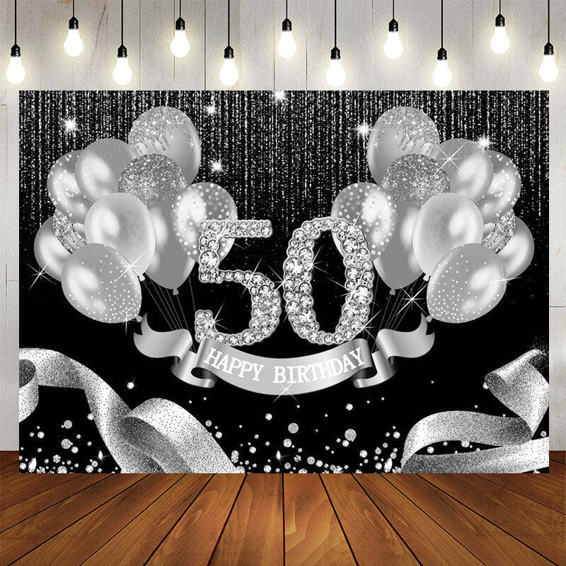 Aperturee Black Silver Balloons Happy 50Th Birthday Backdrop