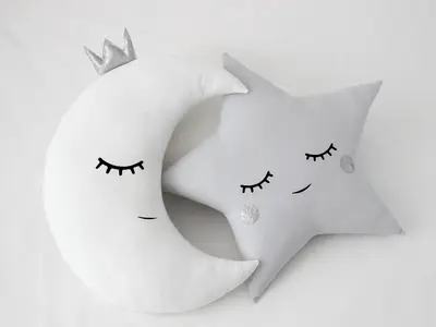 Set of 2 Pillows - Crescent Moon Pillow (5 colors) with Crown and Light Gray Star Pillow