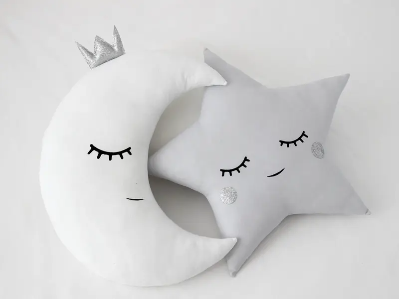 Set of 2 Pillows - Crescent Moon Pillow (5 colors) with Crown and Light Gray Star Pillow