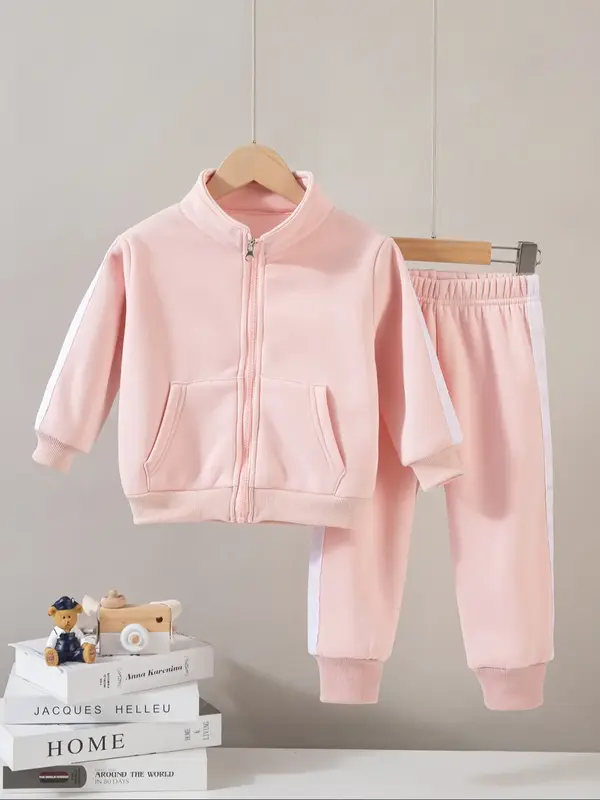 2-Piece Girls' Fashion Sweatshirt Set Autumn/Winter Long-Sleeved Jacket and Trousers Elegant Side Stripes, Small Stand Collar...