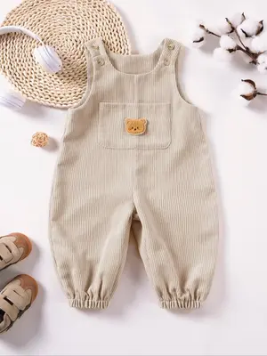 Baby's Plain Overalls with Bear Patch Decor, Casual Soft Comfy Sleeveless Jumpsuit for Summer, Newborn Infant Kids Clothes fo...