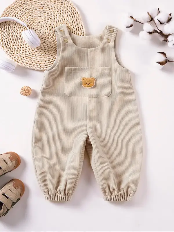 Baby's Plain Overalls with Bear Patch Decor, Casual Soft Comfy Sleeveless Jumpsuit for Summer, Newborn Infant Kids Clothes fo...