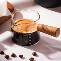 Espresso Shot Glass with Wooden Handle, 1 Count Double Spouts Espresso Cup, Espresso Pouring Cup for Home Kitchen Coffee Shop