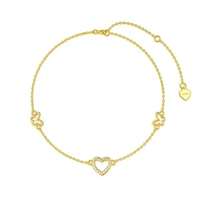 14K Gold Cubic Zirconia Butterfly & Heart Charm Bracelet
