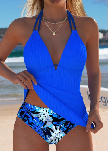 Modlily Mid Waisted Leaf Print Royal Blue Tankini Set - M