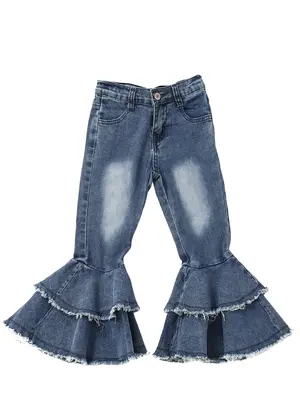 Blue bleach Print Denim Stretchy Bell bottoms Girls Jeans