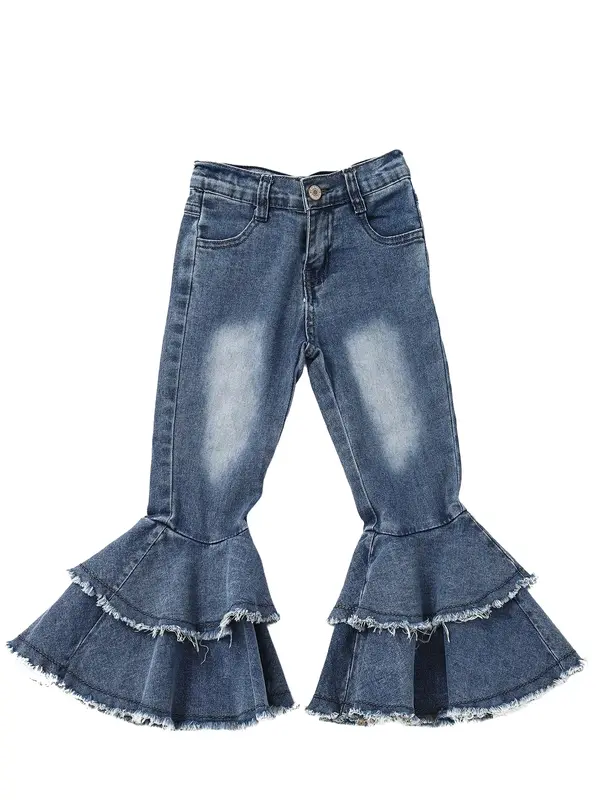 Blue bleach Print Denim Stretchy Bell bottoms Girls Jeans