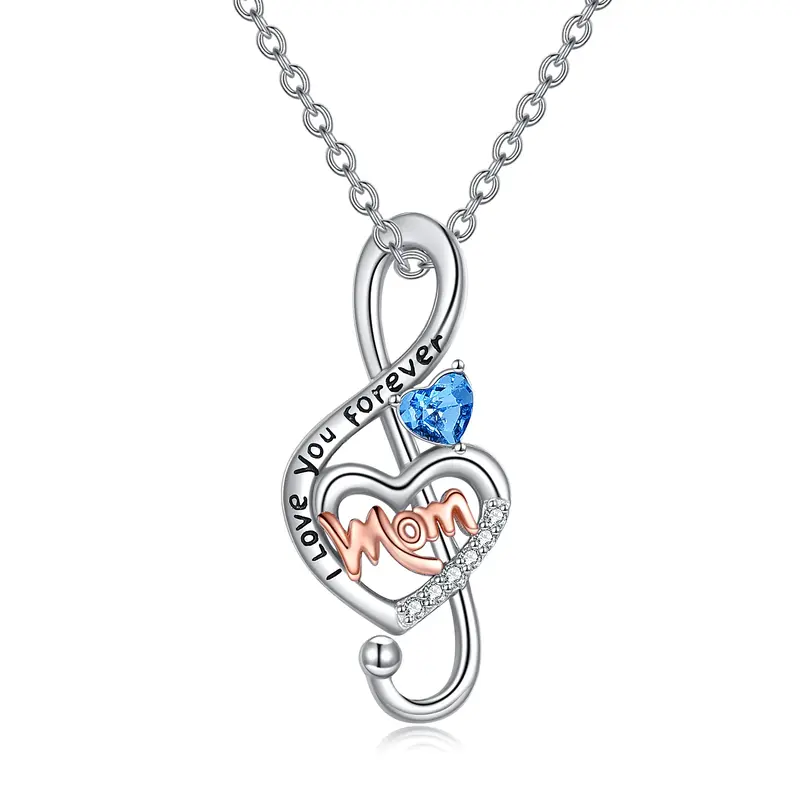 Sterling Silver Two-tone Personalized Birthstone & Mother & Daughter & Music Symbol Pendant Necklace
