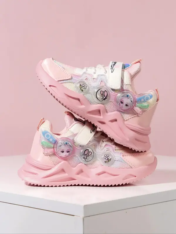 Girl's Cute Cartoon Pattern Contrast Mesh Design Sneakers, Round Toe Trainers, Casual Comfortable Breathable Sports Shoes, Al...