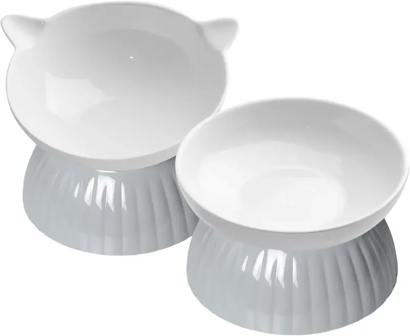 2 Ceramic Raised Cat Food Bowls, Elevated Cat Food and Water Bowl Set, Pet Bowl for Indoor Cats and Small Dogs, Anti-Vomiting...