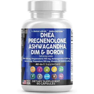 DHEA 200mg Supplement Pregnenolone 100mg for Men & Women with DIM Ashwagandha 3000mg Boron 6mg Complex Calcium Magnesium Zinc...