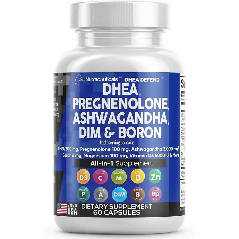 DHEA 200mg Supplement Pregnenolone 100mg for Men & Women with DIM Ashwagandha 3000mg Boron 6mg Complex Calcium Magnesium Zinc...