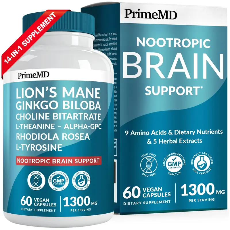 14-in-1 Lions Mane Supplement Capsules - Nootropic Brain Supplement with Ginkgo Biloba for Brain Support - Alpha GPC, L Thean...