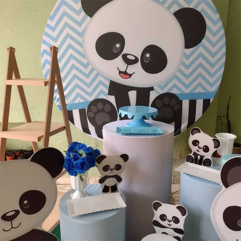 Aperturee Black And White Panda Round Blue Birthday Backdrop | Circle Party Backdrop | Custom Round Backdrop | Custom Round B...