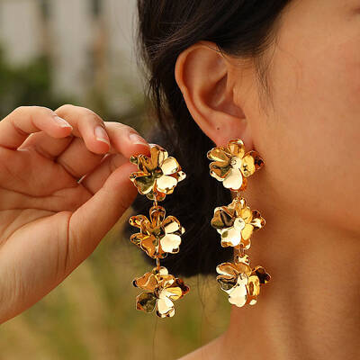 Triple Flower Brass Stud Earrings