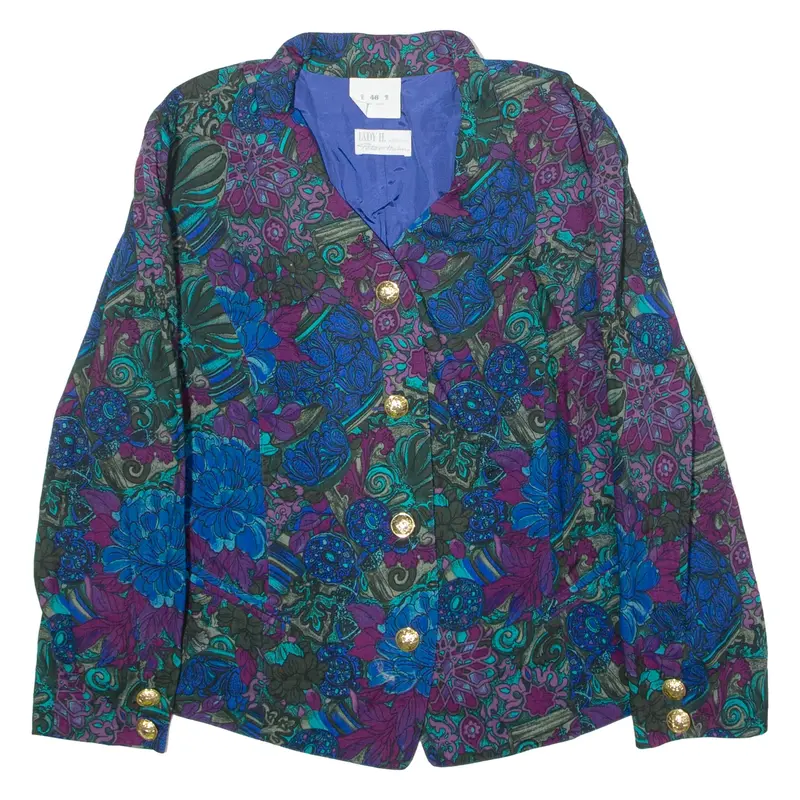LADY H Womens Blazer Jacket Blue Wool 90s Floral UK 18
