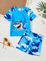 Boy's Cartoon Animal Print Short Sleeve Round Neck Rashguard & Elastic Waist Swim Shorts Set, Tight-fitting Casual Soft Comfo...