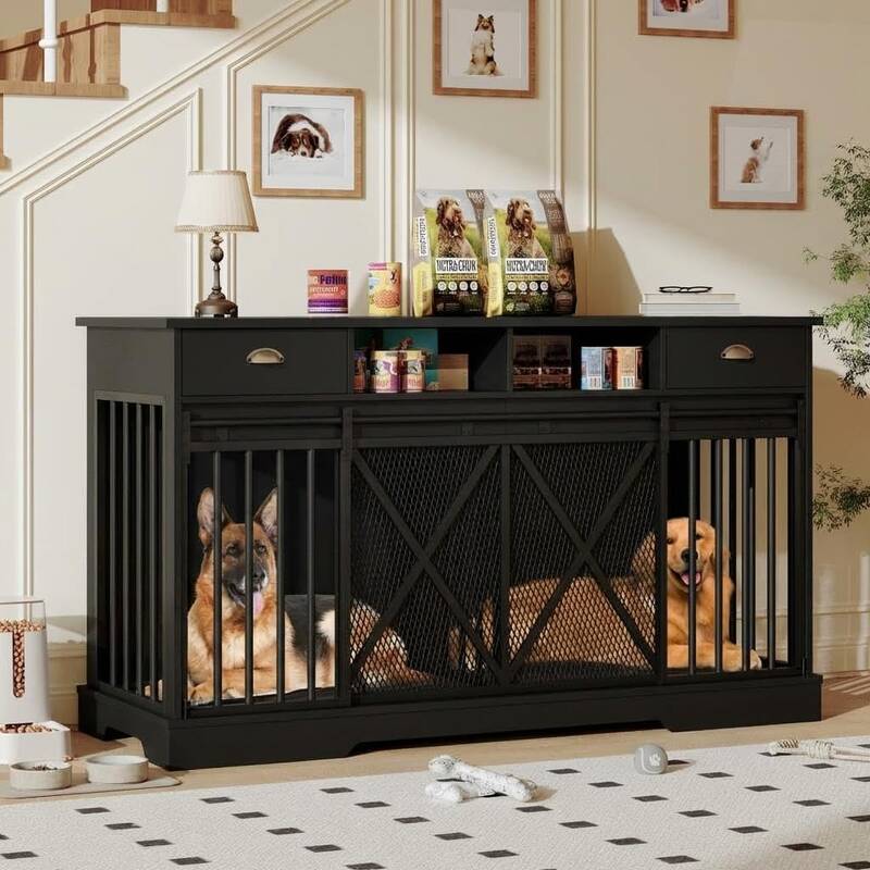 Garvee Heavy Duty Double Dog Crate Furniture for 2 Dogs – Extra Large Wooden Kennel, Removable Divider, Lockable Sliding Do...