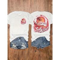 Women's 180g Dual-Sided Graphic T-Shirt - Casual Short Sleeve Round Neck Tee with Beach Sunset & Palm Tree Print, Machine Was...