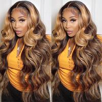 QUANDIAN 13x6 Body Wave Highlight Ombre Lace Front Wig Human Hair HD Lace Front Wigs Human Hair 200 Density P4/27 Colored Hon...