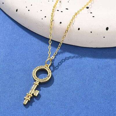 Brass Micro Pave Cubic Zirconia Ring Key Pendant Necklaces for Women