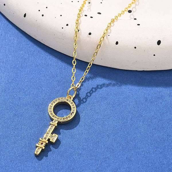Brass Micro Pave Cubic Zirconia Ring Key Pendant Necklaces for Women
