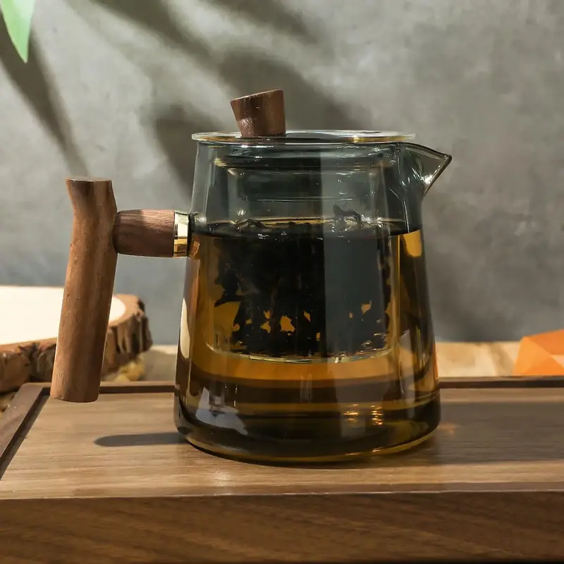 Glass Tea Pot with Wooden Handle, 1 Count Tea Separation Device, Heat Resistant Tea Pot for Home Office Use, Tea Making Tool,...