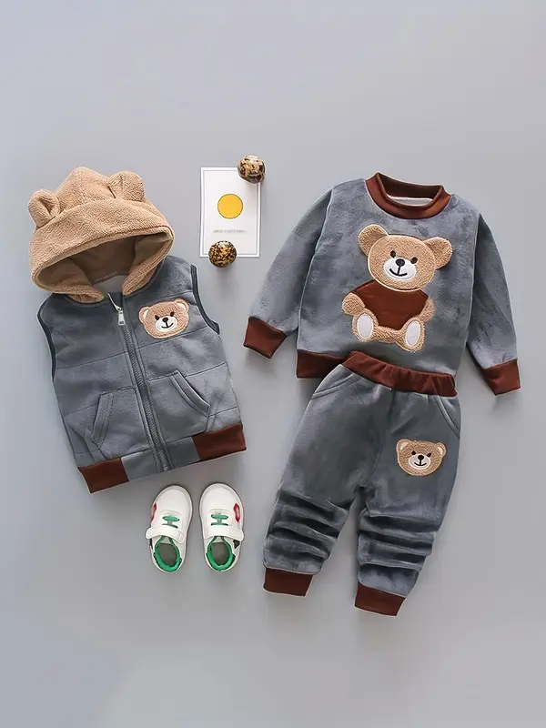 Thickened Fleece Hooded Bear Embroidered Set, Long Sleeve Vest & Pants, Fashionable Kids Clothing for Fall Winter, Clothing S...