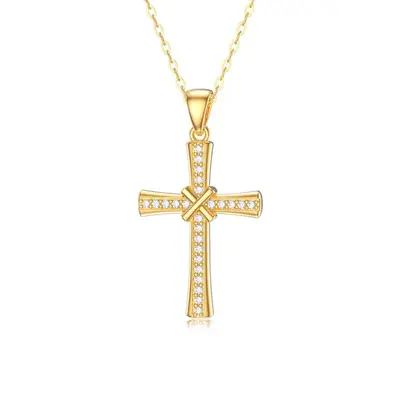 14K Gold Cubic Zirconia Cross Pendant Necklace