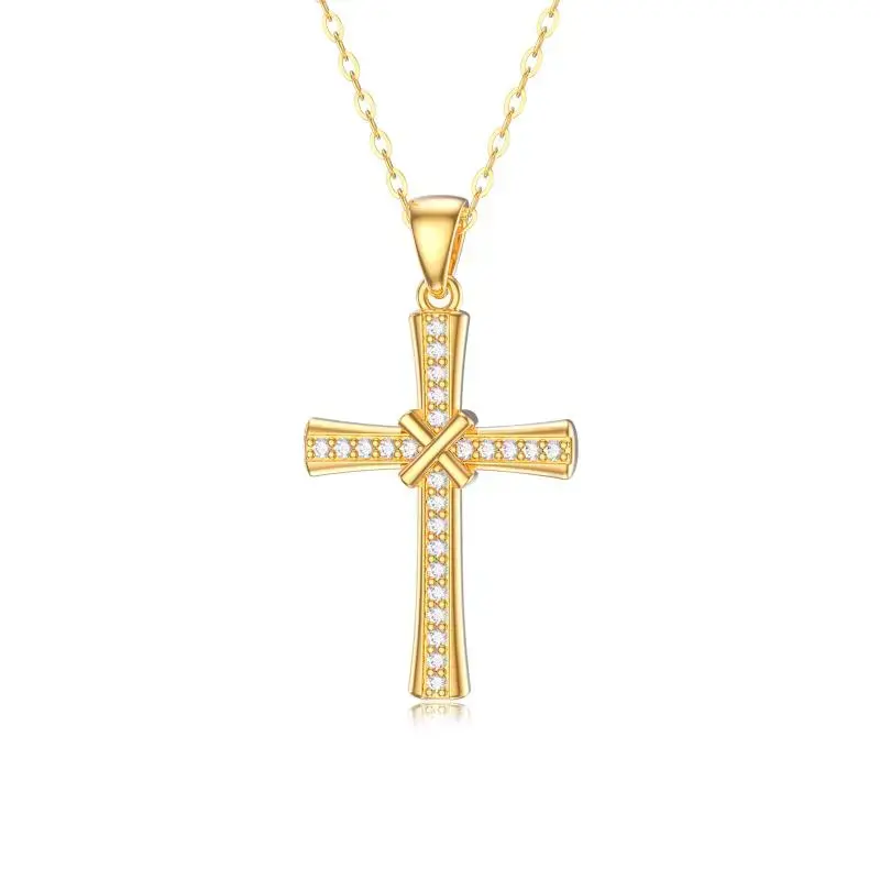 14K Gold Cubic Zirconia Cross Pendant Necklace
