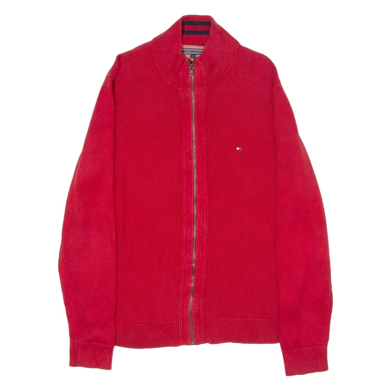 TOMMY HILFIGER Mens Jumper Red Crew Neck Waffle Knit XL