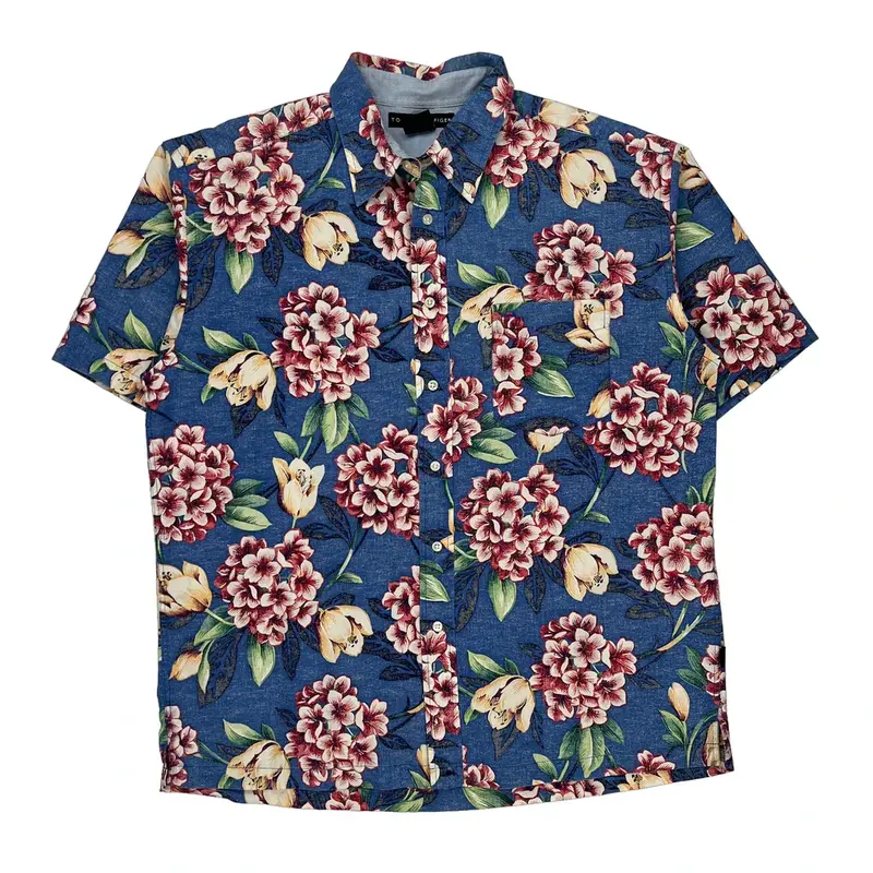 Tommy Hilfiger Floral Short Sleeve Shirt - Large Blue Cotton