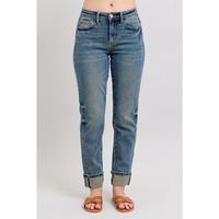 Judy Blue Full Size Mid Rise Vintage Wash Double Roll Cuff Boyfriend Jeans Plus Size Basic Fit