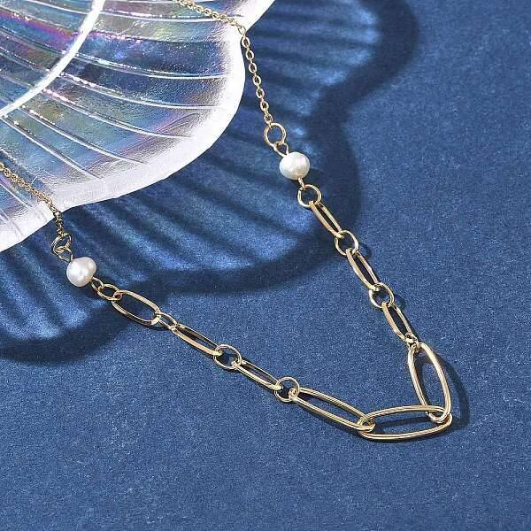 304 Stainless Steel & Glass Pearl Oval Link Chain Necklaces for Women