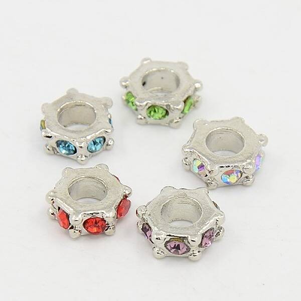 Hexagon Platinum Tone Alloy Rhinestone European Beads